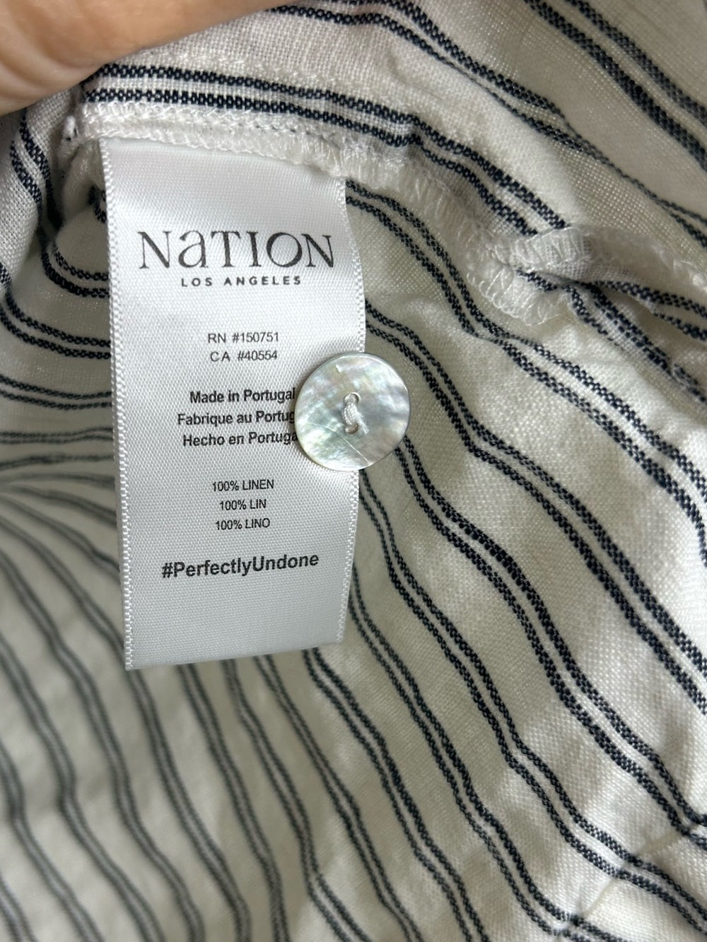 Nation LA 100% Linen White Blue Striped Cropped Tank Top Shell Button Detail