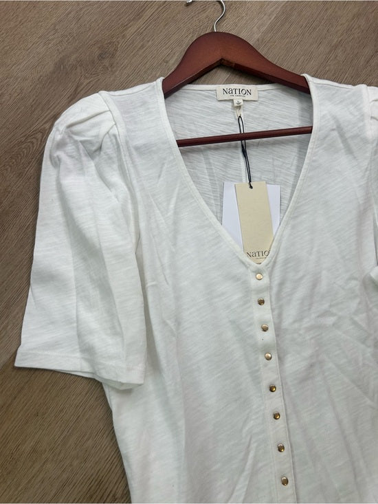 Nation LA 100% Cotton Jen Gold Button Down Puff Sleeve Top in White