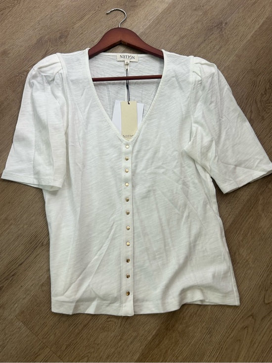 Nation LA 100% Cotton Jen Gold Button Down Puff Sleeve Top in White