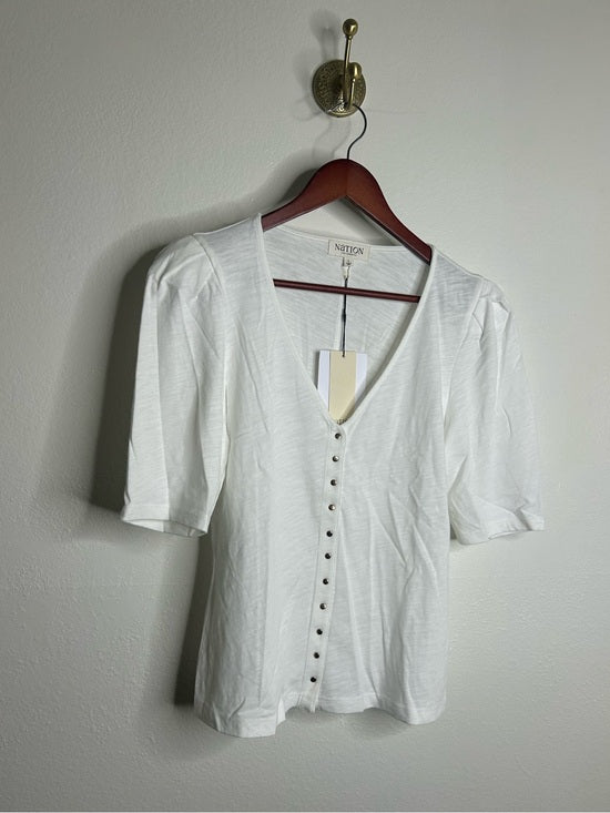 Nation LA 100% Cotton Jen Gold Button Down Puff Sleeve Top in White