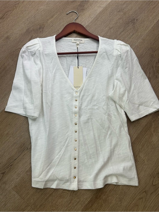 Nation LA 100% Cotton Jen Gold Button Down Puff Sleeve Top in White