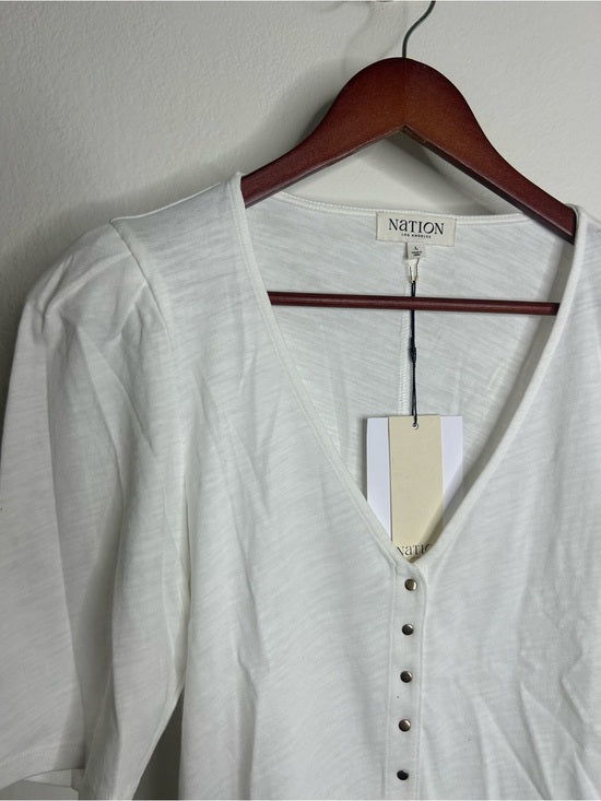 Nation LA 100% Cotton Jen Gold Button Down Puff Sleeve Top in White