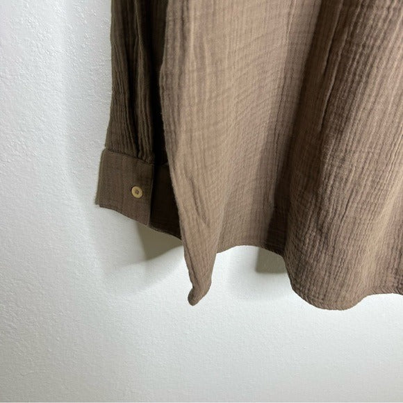 MATE The Label 100% Organic Cotton Gauze Button Down Shirt Brown Tan