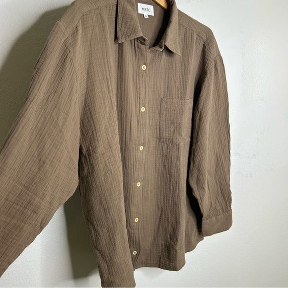 MATE The Label 100% Organic Cotton Gauze Button Down Shirt Brown Tan