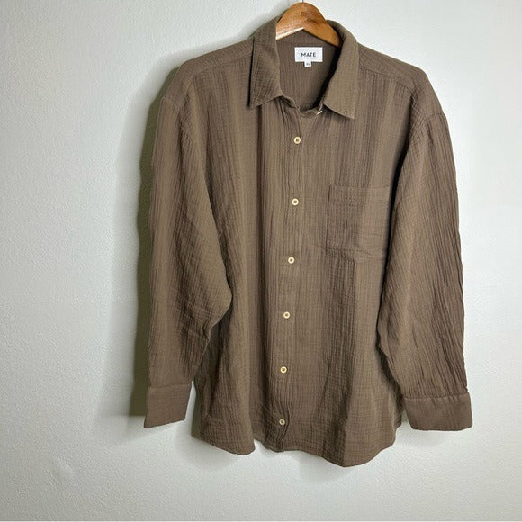 MATE the Label MATE The Label 100% Organic Cotton Gauze Button Down Shirt Brown Tan - Cotton