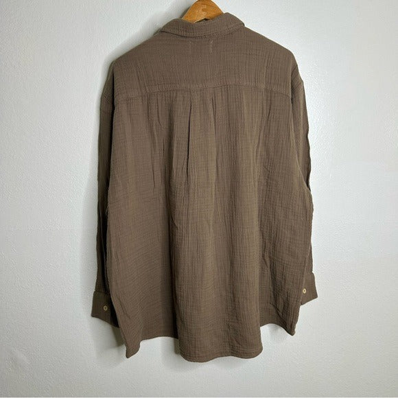 MATE The Label 100% Organic Cotton Gauze Button Down Shirt Brown Tan