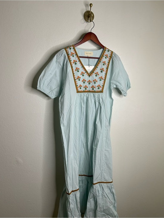 Ex Voto Ex - Voto 100% Cotton Poplin Hayes Embroidered Floral Maxi Dress in Blue - Cotton