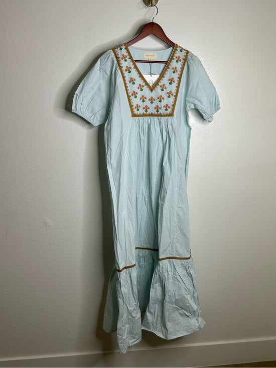 Ex Voto Ex - Voto 100% Cotton Poplin Hayes Embroidered Floral Maxi Dress in Blue - Cotton