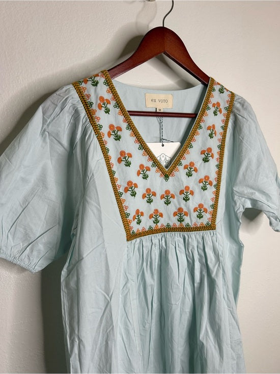 Ex Voto Ex - Voto 100% Cotton Poplin Hayes Embroidered Floral Maxi Dress in Blue - Cotton