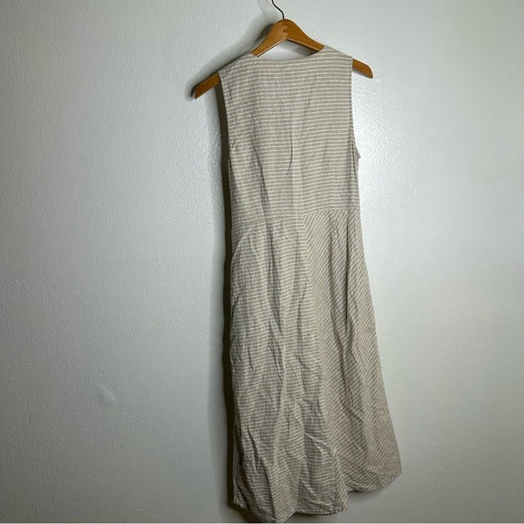 Soft Surroundings Hemp Cotton Neutral Striped Button Down Tank Midi Dress
