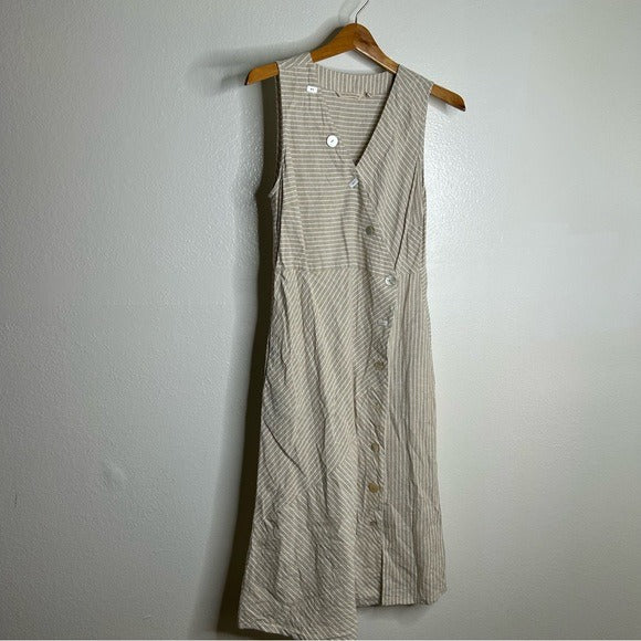 Soft Surroundings Soft Surroundings Hemp Cotton Neutral Striped Button Down Tank Midi Dress - Hemp, Cotton