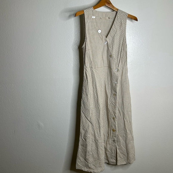 Soft Surroundings Soft Surroundings Hemp Cotton Neutral Striped Button Down Tank Midi Dress - Hemp, Cotton