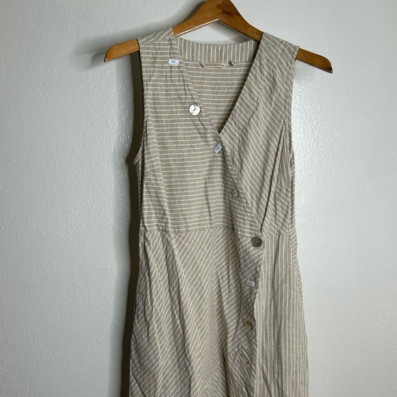 Soft Surroundings Hemp Cotton Neutral Striped Button Down Tank Midi Dress