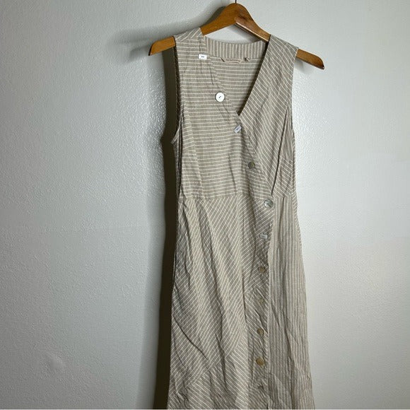 Soft Surroundings Hemp Cotton Neutral Striped Button Down Tank Midi Dress