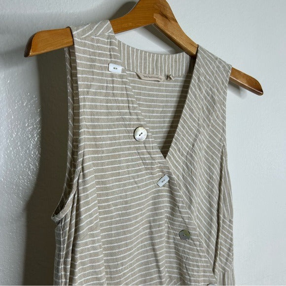 Soft Surroundings Hemp Cotton Neutral Striped Button Down Tank Midi Dress