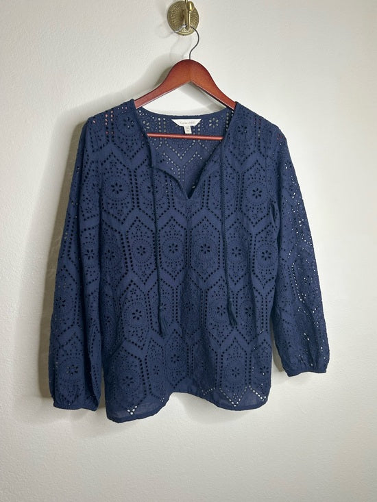 Garnet Hill 100% Cotton Eyelet Floral Detail Navy Blue Long Sleeve Blouse Top