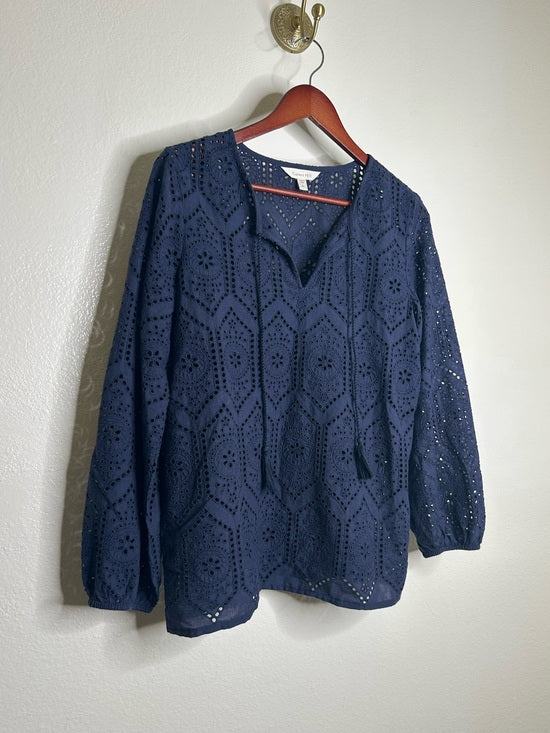 Garnet Hill 100% Cotton Eyelet Floral Detail Navy Blue Long Sleeve Blouse Top