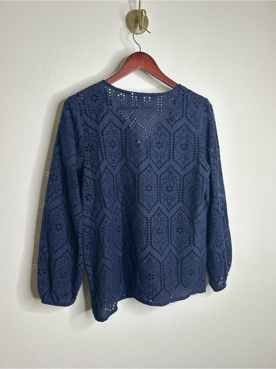 Garnet Hill 100% Cotton Eyelet Floral Detail Navy Blue Long Sleeve Blouse Top