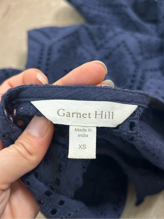 Garnet Hill 100% Cotton Eyelet Floral Detail Navy Blue Long Sleeve Blouse Top