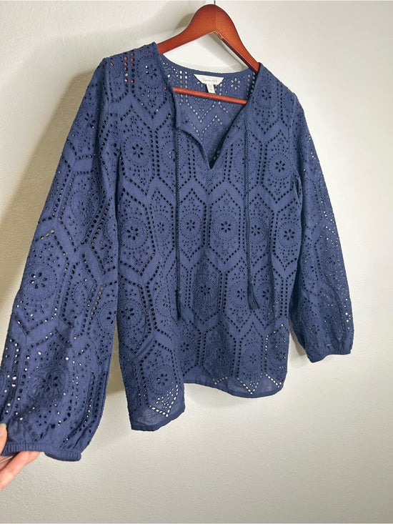Garnet Hill 100% Cotton Eyelet Floral Detail Navy Blue Long Sleeve Blouse Top