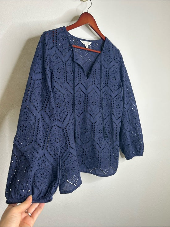 Garnet Hill 100% Cotton Eyelet Floral Detail Navy Blue Long Sleeve Blouse Top