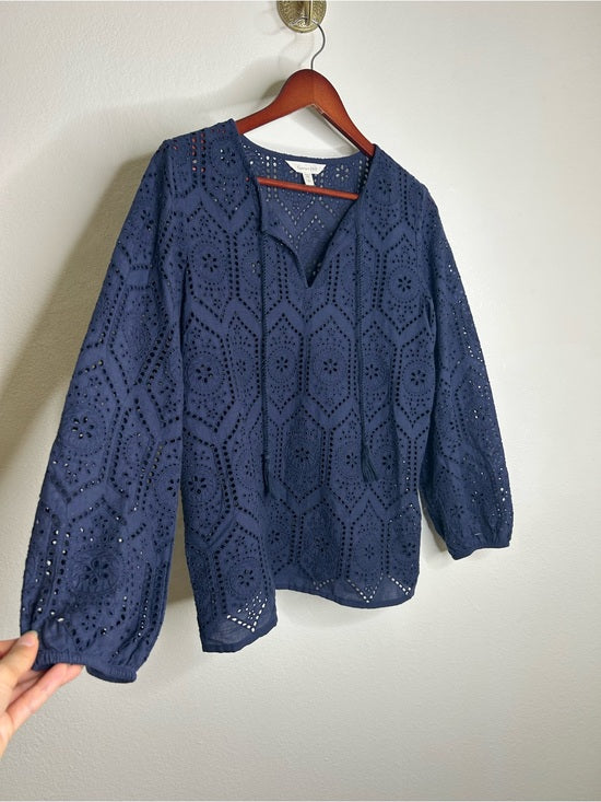 Garnet Hill 100% Cotton Eyelet Floral Detail Navy Blue Long Sleeve Blouse Top