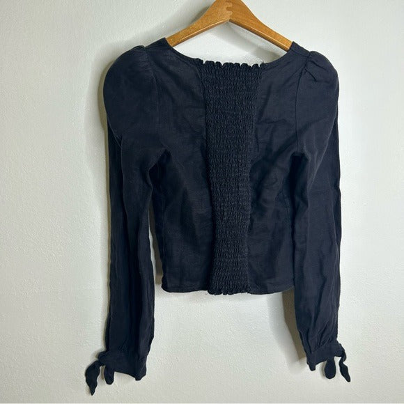 Reformation 100% Linen Corset Bustier Smocked Long Sleeve Black Top