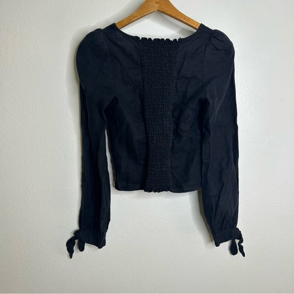 Reformation 100% Linen Corset Bustier Smocked Long Sleeve Black Top