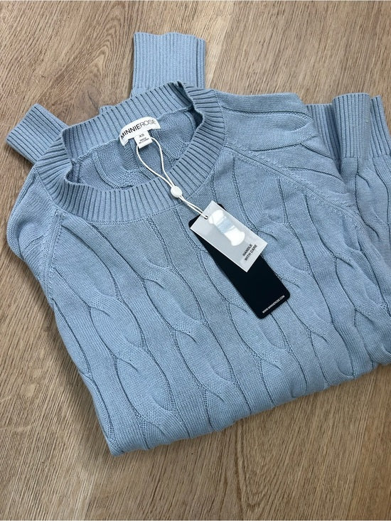 Minnie Rose Minnie Rose 100% Cotton Powder Blue Cable Knit Pullover Sweater - Cotton