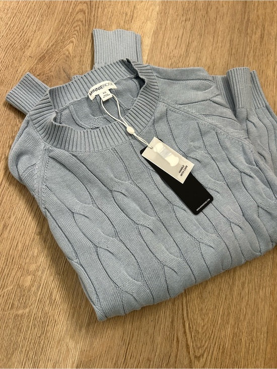 Minnie Rose Minnie Rose 100% Cotton Powder Blue Cable Knit Pullover Sweater - Cotton