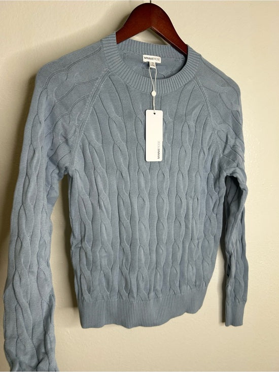 Minnie Rose Minnie Rose 100% Cotton Powder Blue Cable Knit Pullover Sweater - Cotton