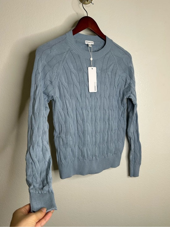 Minnie Rose Minnie Rose 100% Cotton Powder Blue Cable Knit Pullover Sweater - Cotton