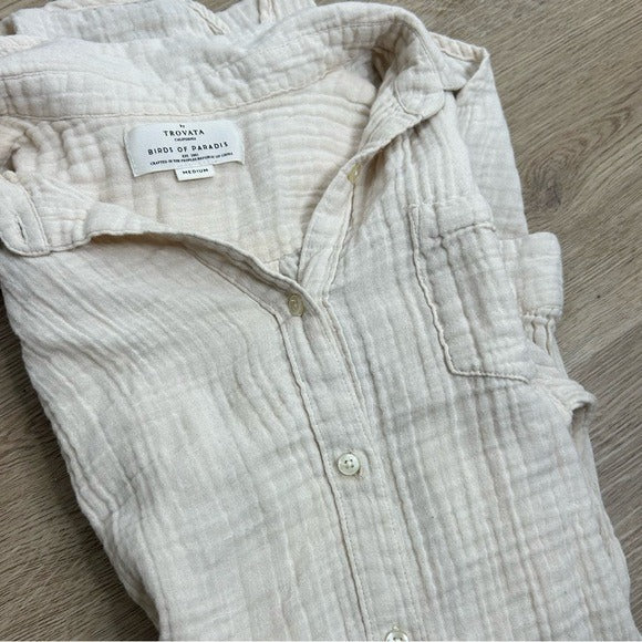 Trovata Trovata 100% Cotton Gauze Cream Button Down Shirt Dress - Cotton