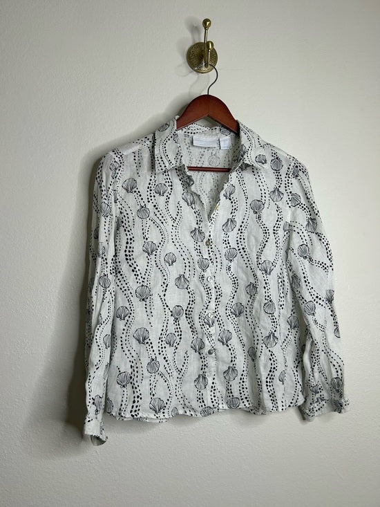 100% Linen Seashell Black Ocean Print Button Down Long Sleeve Shirt