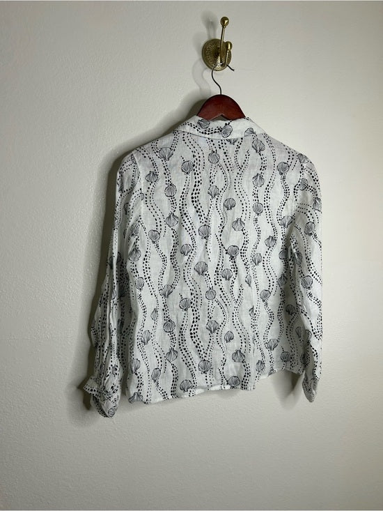 100% Linen Seashell Black Ocean Print Button Down Long Sleeve Shirt