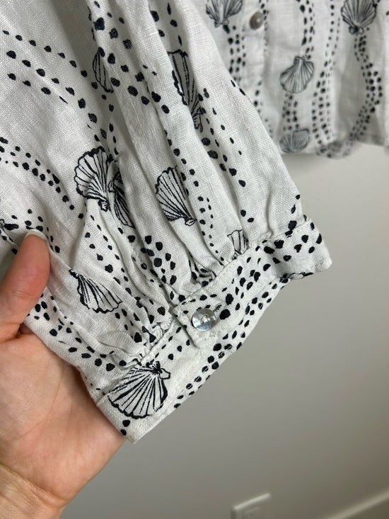 100% Linen Seashell Black Ocean Print Button Down Long Sleeve Shirt