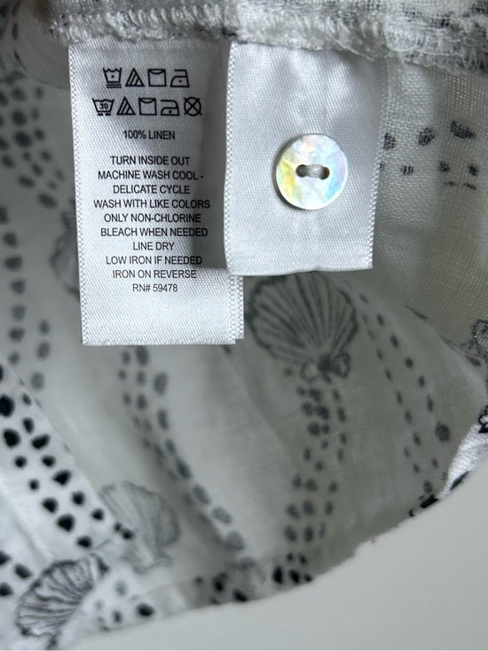 100% Linen Seashell Black Ocean Print Button Down Long Sleeve Shirt