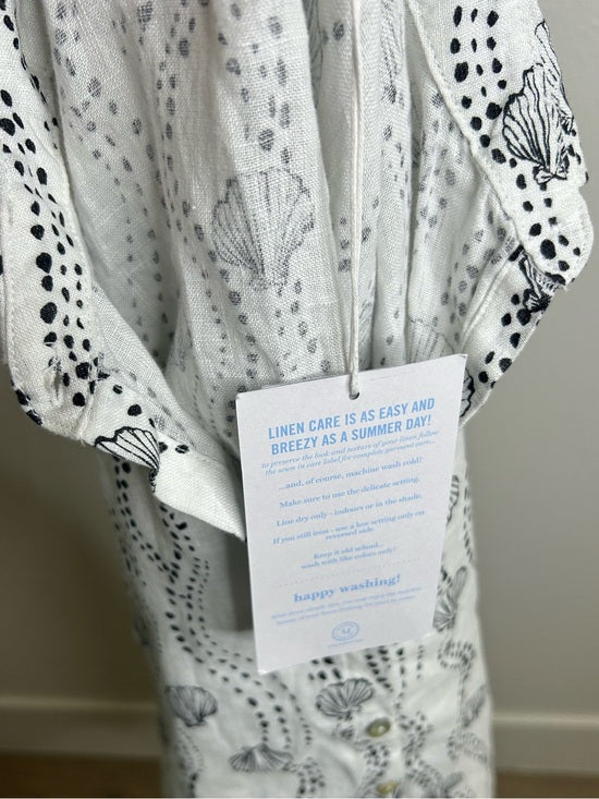 100% Linen Seashell Black Ocean Print Button Down Long Sleeve Shirt