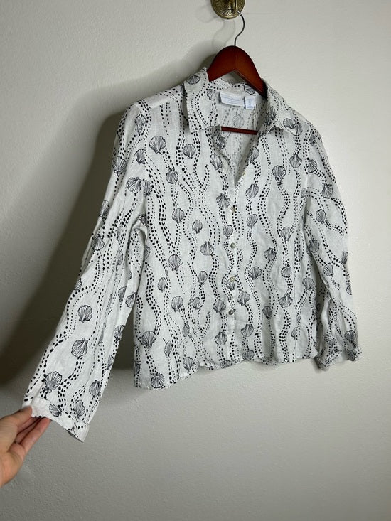 100% Linen Seashell Black Ocean Print Button Down Long Sleeve Shirt