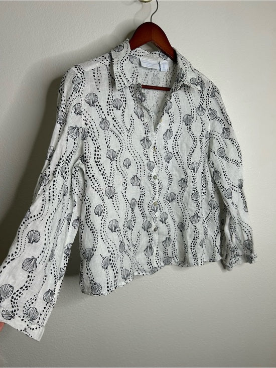 100% Linen Seashell Black Ocean Print Button Down Long Sleeve Shirt