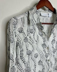 100% Linen Seashell Black Ocean Print Button Down Long Sleeve Shirt