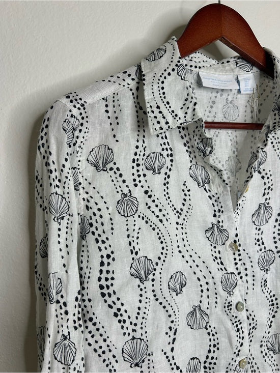 100% Linen Seashell Black Ocean Print Button Down Long Sleeve Shirt