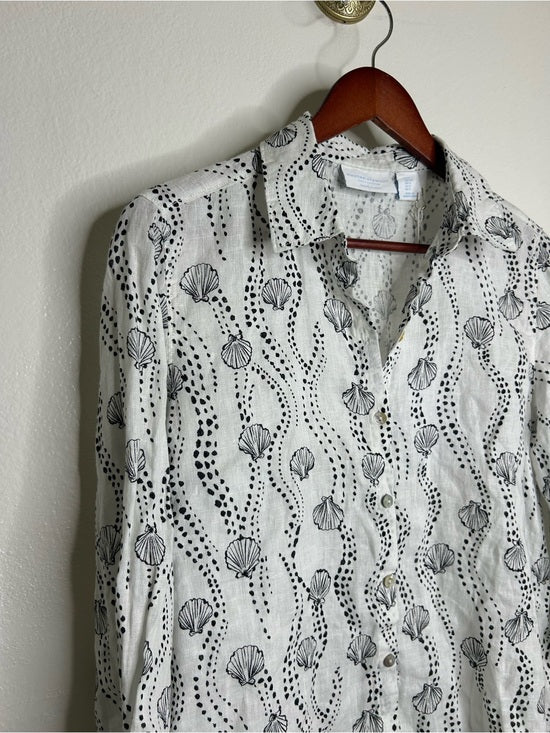100% Linen Seashell Black Ocean Print Button Down Long Sleeve Shirt