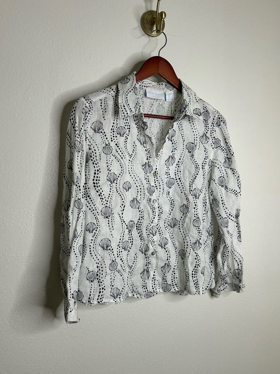 100% Linen Seashell Black Ocean Print Button Down Long Sleeve Shirt