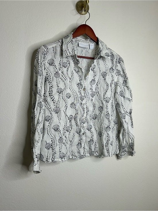 100% Linen Seashell Black Ocean Print Button Down Long Sleeve Shirt