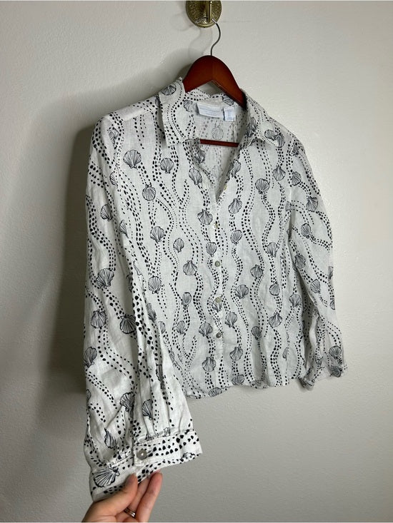 100% Linen Seashell Black Ocean Print Button Down Long Sleeve Shirt