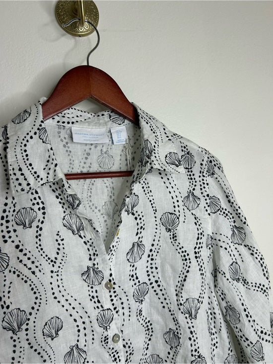 100% Linen Seashell Black Ocean Print Button Down Long Sleeve Shirt