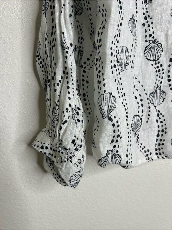 100% Linen Seashell Black Ocean Print Button Down Long Sleeve Shirt