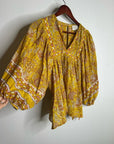Cleobella 100% Cotton Yellow Tan Neutral Balloon Sleeve Peasant Style Blouse Top