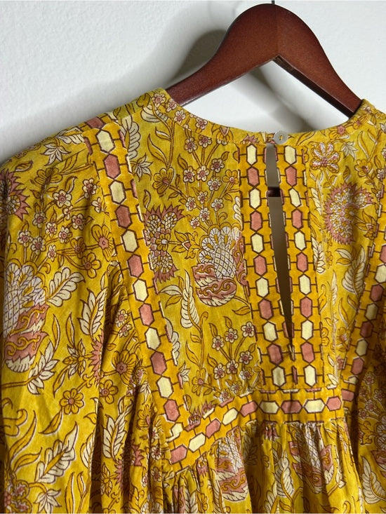 Cleobella 100% Cotton Yellow Tan Neutral Balloon Sleeve Peasant Style Blouse Top